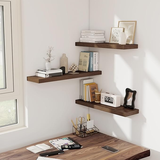 Fun Memories Floating Shelves - 2 Pack 30 Inch Long Rustic Wooden Wall Shelves - 8 Inch Deep Wall Mounted Storage Shelf with Invisible Heavy-Duty Brackets for Books, Bathroom, Kitchen - Walnut