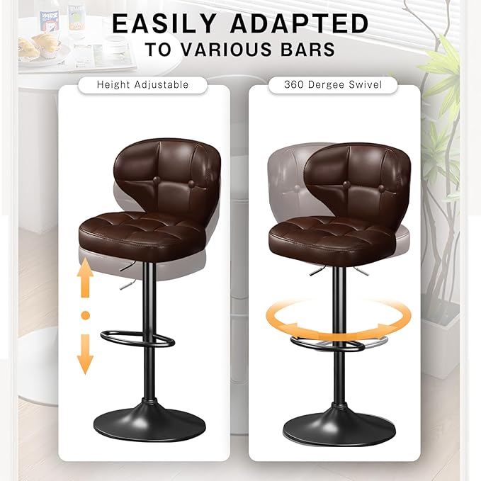 Bar Stools Set of 2,Adjustable Swivel Barstools, Modern PU Leather Upholstered Bar Chair with Back and Footrest,for Bar, Kitchen, Dining Room Brown-2