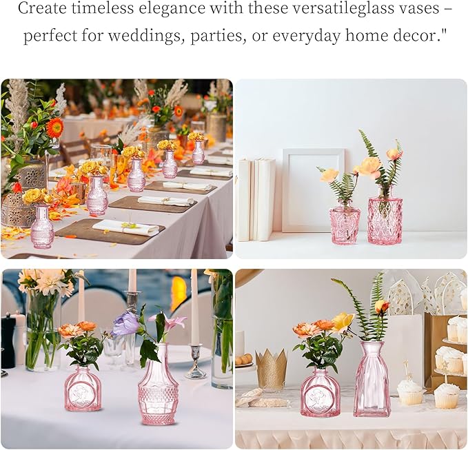Glass Bud Vases Set of 32 - Pink Assorted Small Mini Glass Vases for Flowers, Crystal Vintage Vase Set, Bulk Centerpieces for Table Décor, Wedding, Home and Events (Pink, 32 Pcs)