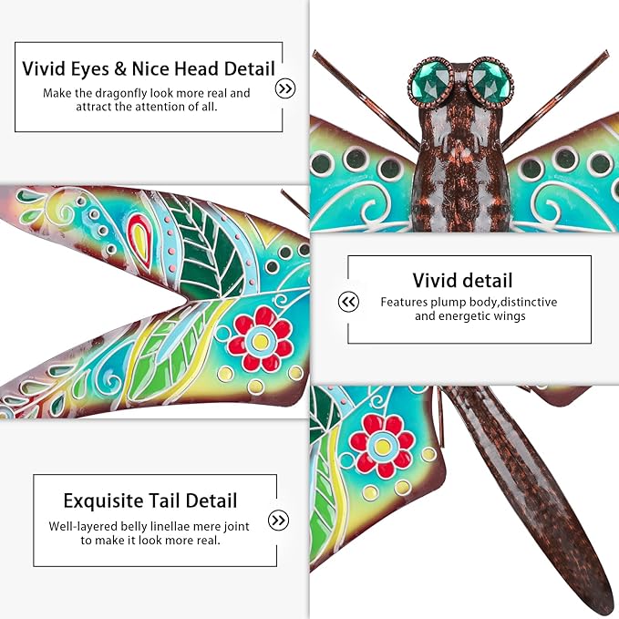 VCUTEKA Outdoor Metal Dragonfly Wall Decor Dragonfly Wall Sculpture Hanging Garden Wall Art Sculpture for Indoor Outdoor Patio Fence Decor Large