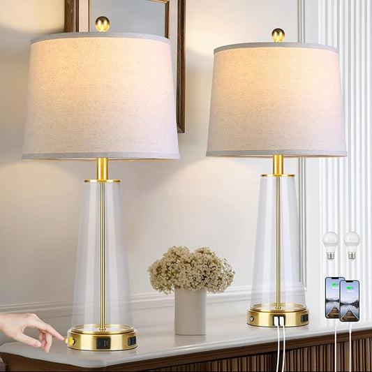 26" Glass Table Lamp Set of 2 with USB C+A Ports and AC Outlet, 3 Way Touch Modern Bedside Lamps for Night Stands, Gold Nightstand Lamps for Bedroom Living Room
