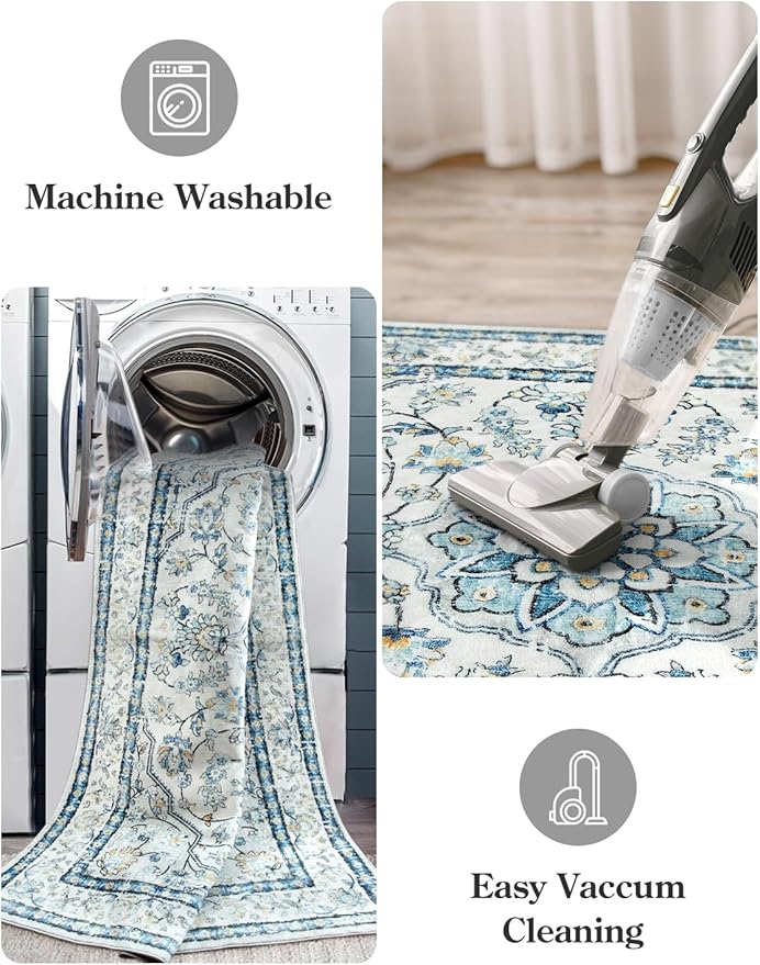 Lahome Oriental Blue Rug,Washable 3x5 Entryway Rugs Non-Slip with Rubber Backing,Soft Boho Front Door Carpet Indoor Entrance,Traditional Vintage Thin Throw Mats for Bathroom Bedroom Kitchen,(3x5ft)