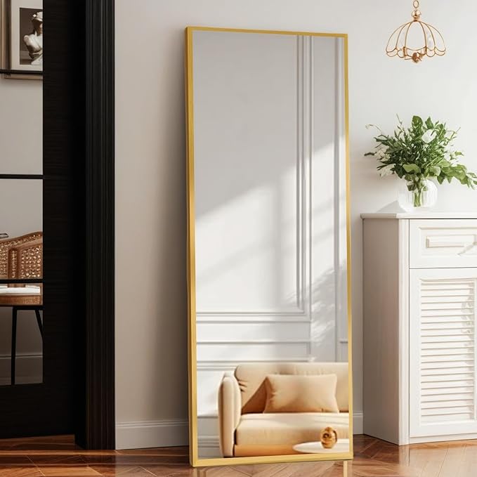 Full Length Mirror with Stand, Shatterproof Full Body Mirror, Aluminum Alloy Thin Frame, Freestanding/Leaning/Wall Mount for Bedroom