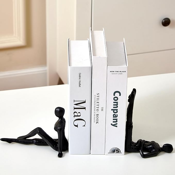 Denique Yoga Black Decorative Bookends, Cast Iron Book Ends to Hold Books, Book Ends for Shelves, Modern Book Stopper for Home Office Desk Decor, 1 Pair/2 Pieces