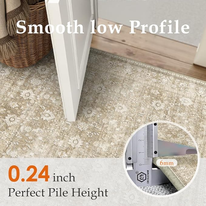 HUGEAR 6x9 Machine Washable Rugs Beige Hallway Large Area Rug Indoor Accent Rug Floral Low Pile Carpet Soft Throw Aesthetic Rug Bedroom Living Room Office Dining Room Kitchen Laundry Room