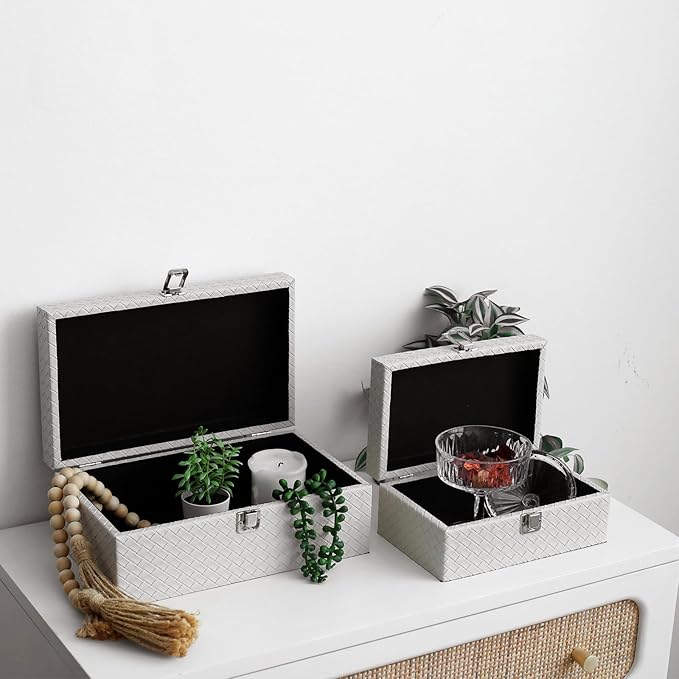Faux Leather Decorative Jewelry Storage Organizer Boxes Set of 2, Apricot White