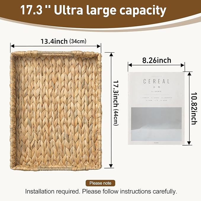 Rectangle Wicker Scalloped Serving Tray with Handles - Seagrass Handwoven Trays,Water Hyacinth Tray for Home Decor and Living Room, Dining Table, Bathroom Organizing, 17.3" L x 13.4" W x 3.6" H