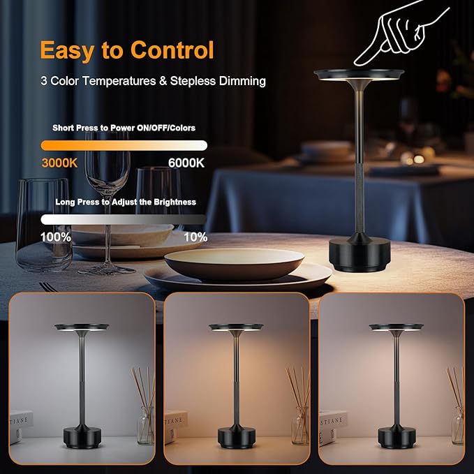 Cordless Table Lamp Rechargeable, 5200mAh Battery Operated Desk Lamps, 3-Color Stepless Dimming Table Lights, Portable Outdoor Table Lamps for Dining Office Bar Restaurant Hotel(Black)