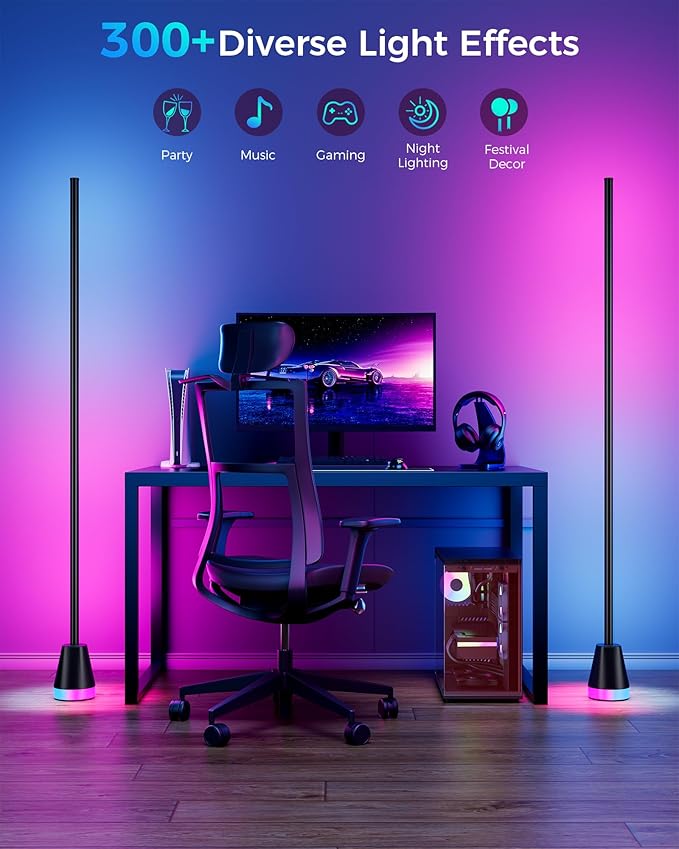 2 Pcs RGB Corner Floor Lamp, 60 Inch 344 LEDs Bright Standing Lamps for Bedroom with APP and Remote, Modern Floor Lamp with Music Sync and 16 Million Colors Changing Ambient Lighting