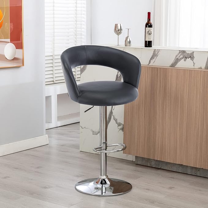 Brage Living Wide Bar Stool, Modern PU Leather Swivel Adjustable Barstool with Hollow Back and Arms, Upholstered Airlift Counter Height Bar Chair for Kitchen Dining (Slate Grey)