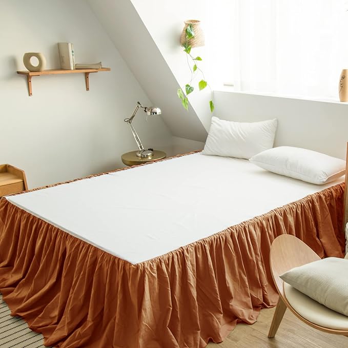 BISELINA French Linen Bed Skirt with Pleated Frills 22-Inch Tailored Drop Natural Flax Cotton Blend Dust Ruffle Soft Cozy Farmhouse Bedding (22" King, Rust)