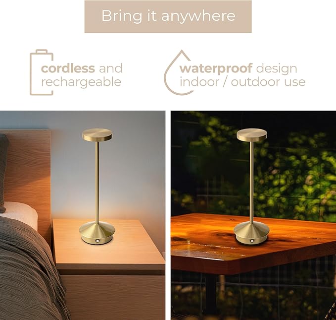 Orbit LED Cordless USB-C Re-Chargeable Desk Lamp, 5200mAh Battery Operated with 3 Color Temperature 2700K-3000K-3500K and Fingertip Touch On/Off Plus Dimming in Satin Brass