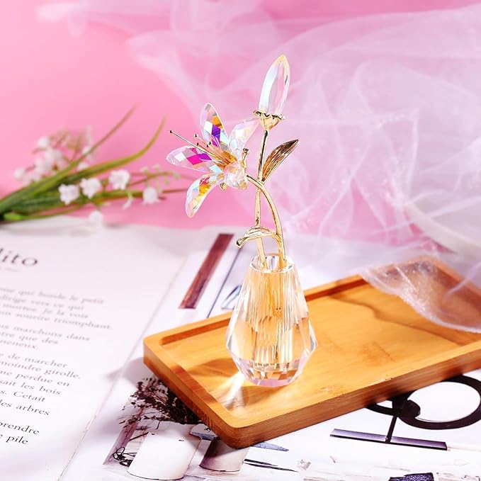Movdyka Clear Crystal Lily Flower Figurine with Stems - Handmade Collectible Statue for Decoration Mothers Day Centerpiece Valentines Day Bridal Shower Gift