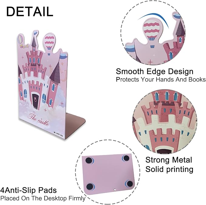 2 Pack Metal Bookends,Non-Slip Castle-Shaped with Baloon Cartoon Book Stopper,5.3"x3.9"x8"Heavy Duty Premium Decorative Book End, Supports for Kids Children Shelves,School,Room,Office,Learning Gifts