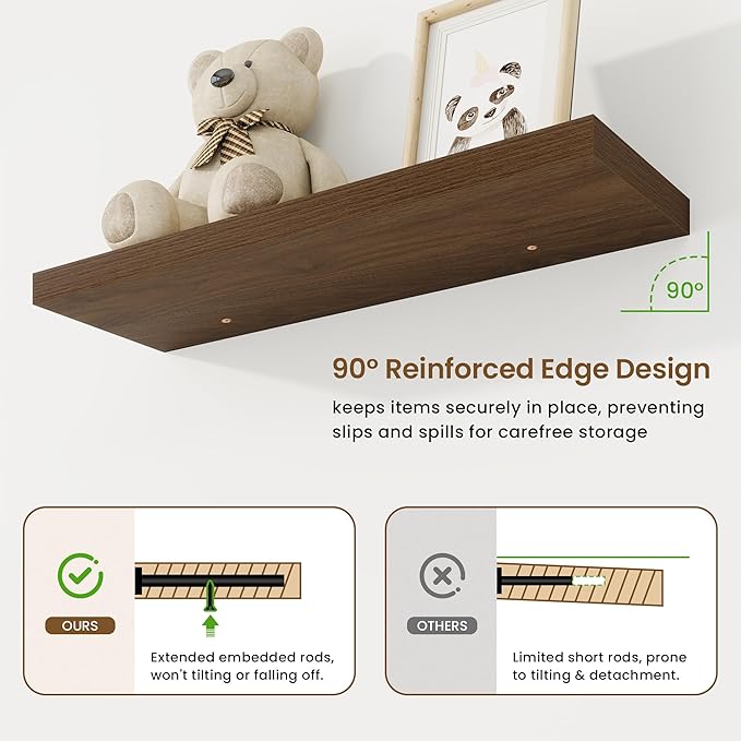 30in Floating Shelves for Wall, 30"W x 9.25"D x 1.25"H, 2 Pack Long Wall Mounted Engineered Wood Shelves with Invisible Brackets for Living Room, Bedroom, Bathroom, Kitchen Decor and Storage, Walnut
