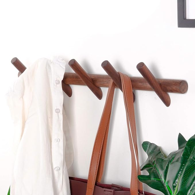 Wood Coat Hooks Wall Mounted Hat Rack Tower Hanger Wall Hooks Decorative Hanger with Pegs Entryway Bedroom Bathroom（Black Walnut，5 Hooks）