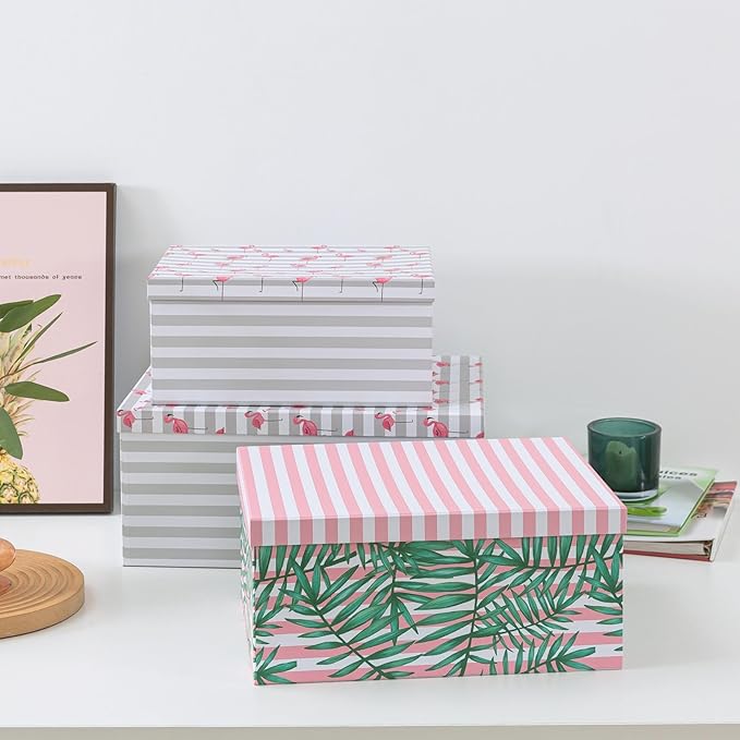 Soul & Lane Decorative Cardboard Storage Boxes with Lids for Home Decor and Organization, Set of 3 Large Keepsake Boxes for Memories & Gifts, Nesting Floral Photo Storage Containers, Tropical