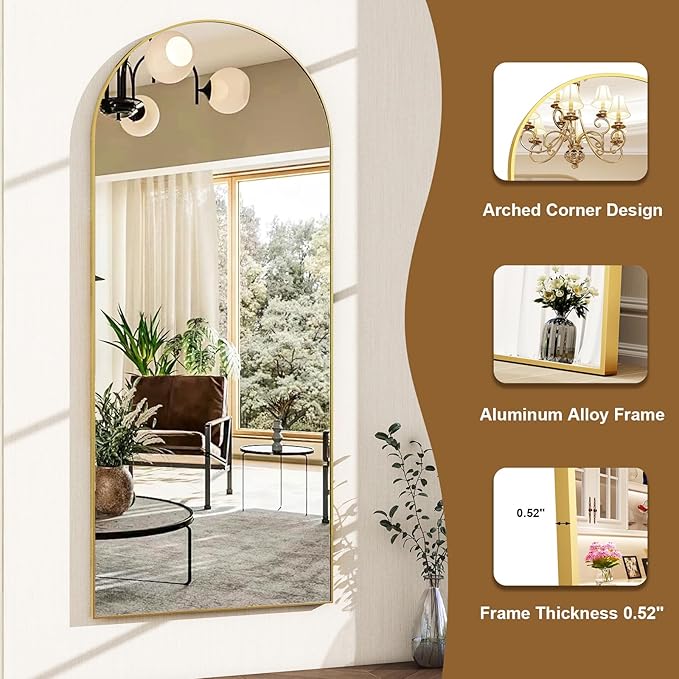 HARRITPURE Arched Full Length Mirror - 64"x21" Floor Standing Mirrors Hanging Mounted Aluminum Frame Full Body Mirror Home Decor for Living Room Bedroom Cloakroom, Gold