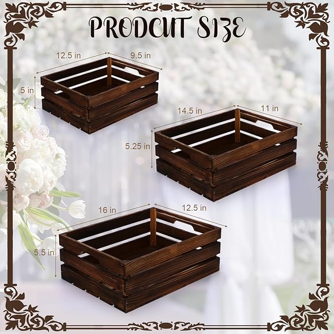 Soaoo 3 Pcs Decorative Nesting Wooden Crates for Storage Display, 3 Sizes Rustic Wood Decorative Storage Crates with Handle Farmhouse Crate Box Container(Vintage Rustic Brown)