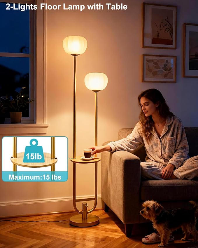 Lightdot 63IN Gold Floor Lamp Dimmable Standing Lamps with 2 Pumpkin Lampshades& Warm White LED Bulbs, Unique U-Pole Mid Century Modern Tall Lamp for Living Room/Bedroom/Wedding/Party