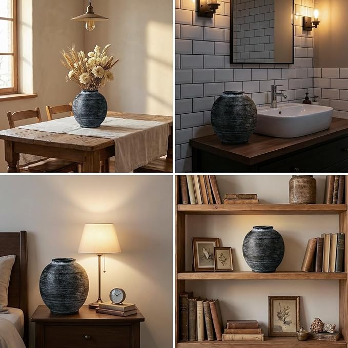 Large Black Ceramic Vase, 10.8 inch Round Minimalist Textured Floor Vase, Rustic Farmhouse Decor for Home, Living Room, Shelf, Table, Bathroom & Entryway Decoration (Black Bronze)