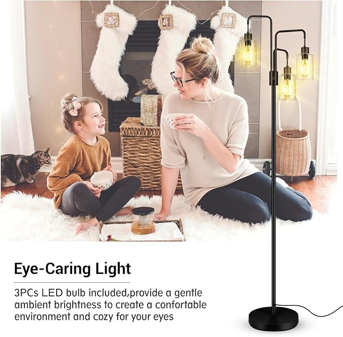 BoostArea Industrial Floor Lamp for Living Room,Glass Lampshade,Modern Stand Up Lamp with 3 Light,Simple Design Floor Lamp for Bedroom, Living Room, Office, Kids Room, Reading