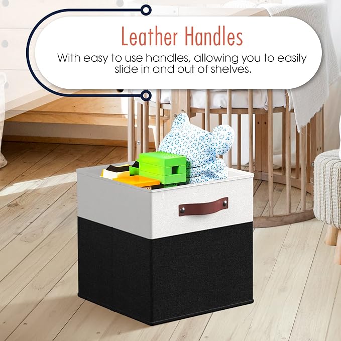 Ornavo Home 11 x 11 Storage Cube Bins, Foldable Collapsible Fabric Storage Bins Box Linen Shelf Basket Cube Organizer for Closet with Leather Handles, 6 Pack, White/Black