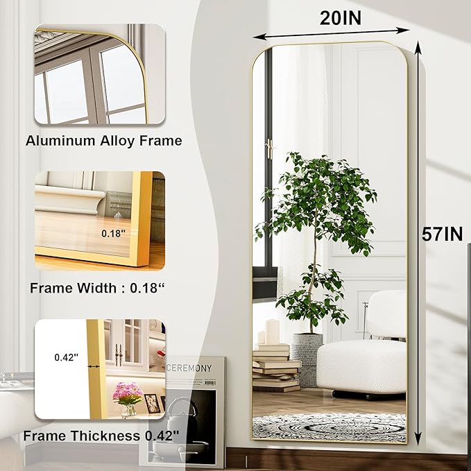 HARRITPURE 57"x20" Full Length Mirror, Gold Rounded Corner Aluminum Frame Standing Mirror, Hanging/Leaning Wall Floor Mirror with Stand for Living Room Bedroom Cloakroom