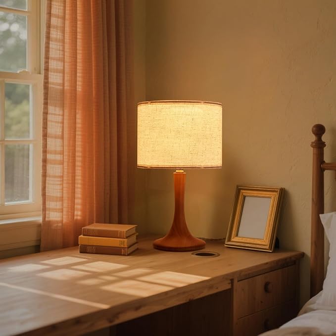 2 Pack Bedside Table Lamp for Bedroom, Nordic Plug in Fabric Shade & Solid Wood Base Desk Lamp, Plug & Play Red Wood Color Nightstand Lamp for Living Room, Office, Switch Power Cord【Bulb Not Included】