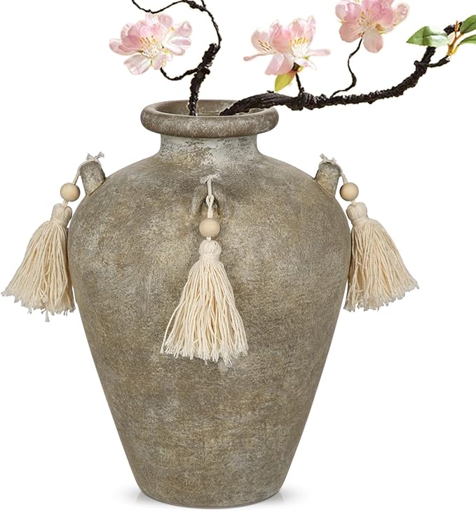 Large Decorative Ceramic Vase with Tassels, 9.4" Boho Flower Vase with Handles, Textured Rustic Farmhouse Vases for Home & Office Decor, Table Centerpiece, Living Room, Entryway, Wedding, Party Decor