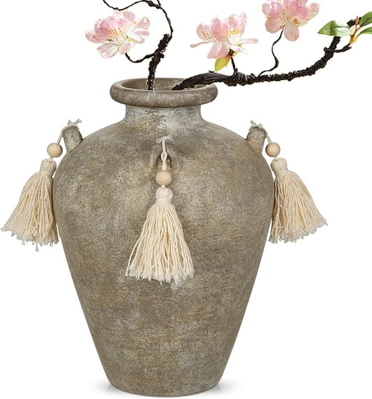 Large Decorative Ceramic Vase with Tassels, 9.4" Boho Flower Vase with Handles, Textured Rustic Farmhouse Vases for Home & Office Decor, Table Centerpiece, Living Room, Entryway, Wedding, Party Decor
