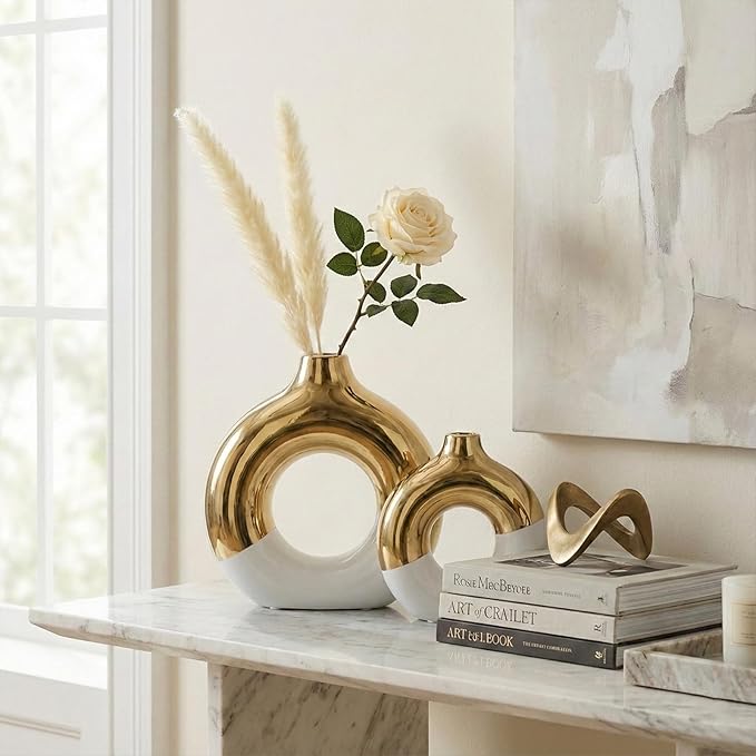 White and Gold Vase Decor Donut Vase Set of 2 - Circle Hollow Vases, Modern Matte Ceramic Vases for Entryway Living Room Bedroom Dining Table Centerpiece Office Home Decor
