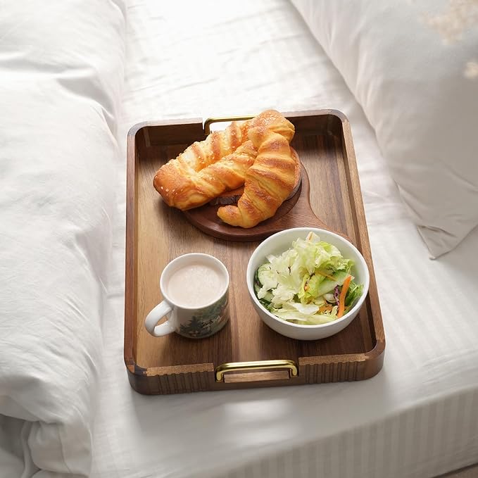 Acacia Wood Serving Tray with Metal Handles  – 17x13in Rustic Decorative Ottoman & Coffee Table Tray for Breakfast in Bed, Dinner, Bar, Kitchen, Home Décor & Entertaining