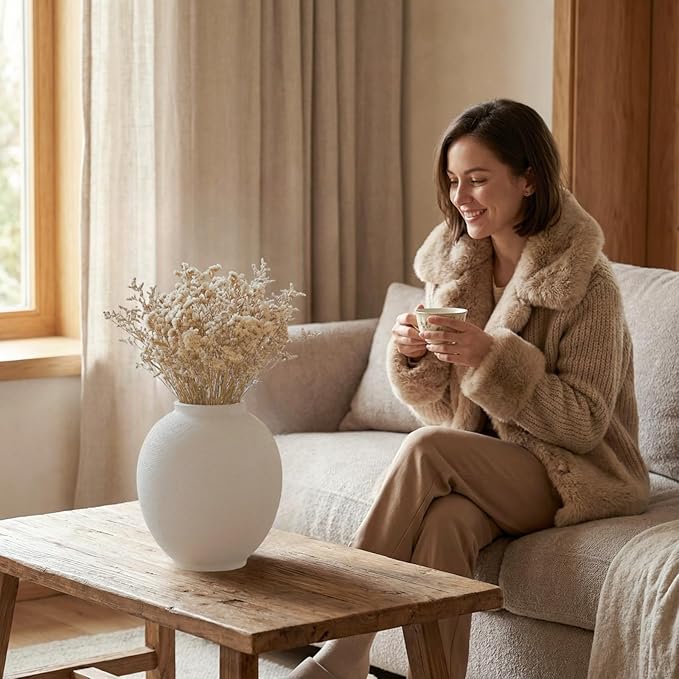 Large White Ceramic Vase, 9.8 inch Round Minimalist Textured Vase, Rustic Farmhouse Decor for Home, Living Room, Shelf, Table, Wedding & Entryway Decoration (Sandstone White)