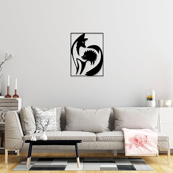 GlintHome Black Metal Wall Art - Fox and Hedgehog Cute Silhouette Wall Decor for Bathroom Bedroom Living Room Home Decor