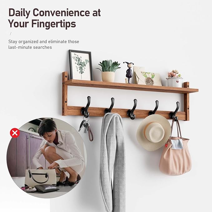 Tatub 29'' Coat Rack Wall Mount with Shelf, Wood Wall Hooks with Storage, Entryway Shelf with 5 Hangers for Bathroom, Living Room, Bedroom, Rustic Brown