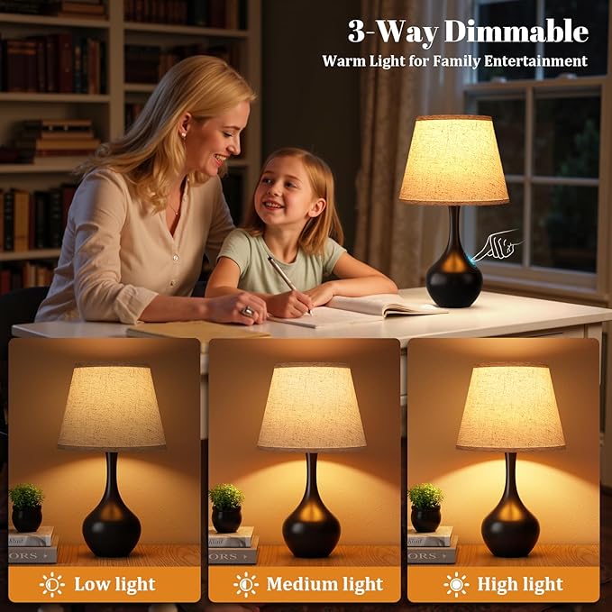 Seealle Touch Table Lamps for Nightstand Set of 2, 3-Way Dimmable Small Bedroom Lamps for Night Stands, Black Bedside Lamps for Living Room, Kids Room, End Table(LED Bulbs Included)