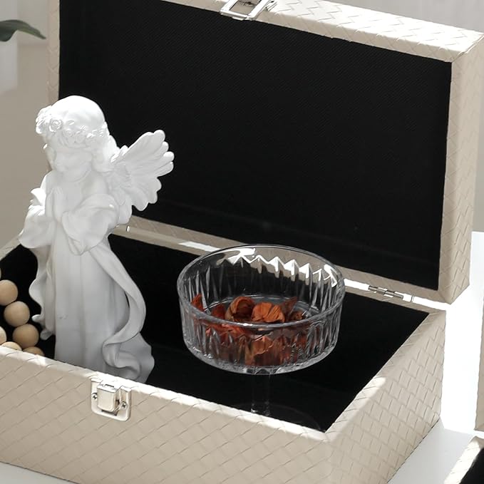 Faux Leather Decorative Jewelry Storage Organizer Boxes Set of 2, Apricot White