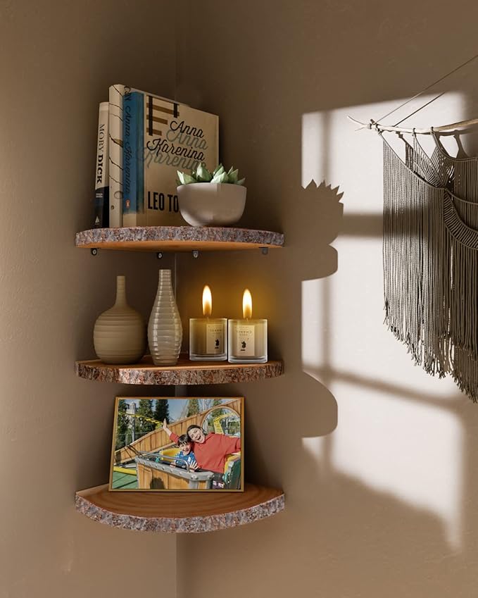 ShineZoom Corner Floating Shelves（3Pcs Wood Corner Shelf Rustic Corner Shelves Wall Corner Shelf for Decor/Storage/Kitchen/Bedroom/Office/Living Room