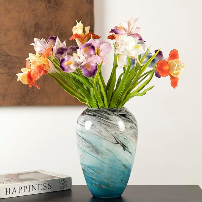 11" H Teal Glass Vases for Flowers, Unique Hand Blown Glass Vase Blue Home Decor, Wide Mouth Colorful Flower Vase Centerpieces, for Living Room Table Bookshelf, Bathroom Office Shelf Decorative