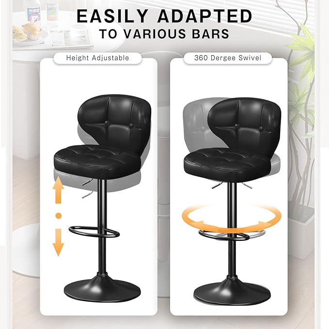 Bar Stools Set of 2, Adjustable Swivel Bar Chairs with Backrest and Footrest, Modern PU Leather Upholstered Counter Height Stools for Kitchen Island, Bar, Dining Room Black
