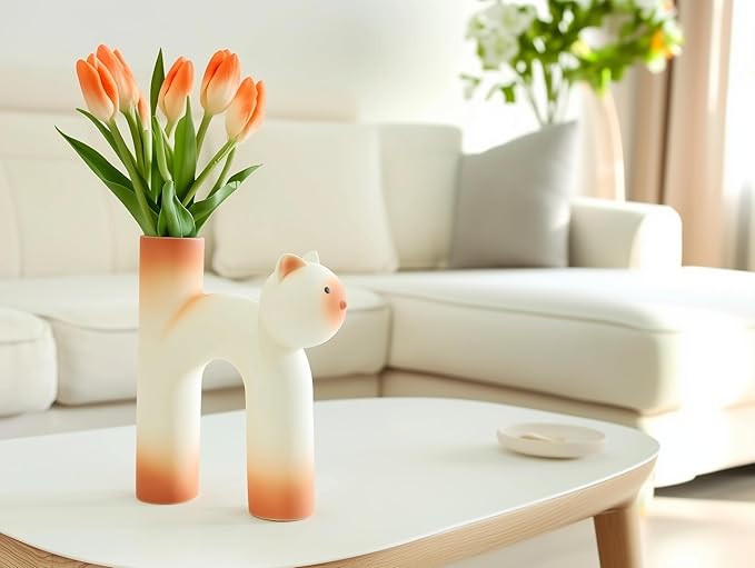Minimalist Cat-Shaped Ceramic - Unique Animal Flower Vase for Home Decor, Modern Matte Finish Decorative Vase for Living Room, Bedroom, Office, Shelf, Table Centerpiece (Orange)