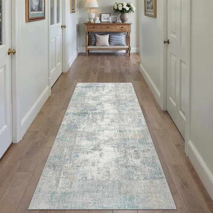 WondRg 2x6 Washable Runner Rug Blue Cream Abstract Hallway Kitchen Throw Rug Neutral Modern Non Slip Soft Low Pile Lightweight Carpet for Bathroom Laundry Bedroom Living Room