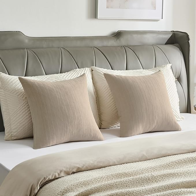 FUTEI Beige Chenille Decorative Throw Pillow Covers 12x20 Inch Set of 2,Soft Crushed Striped Texture Lumbar Pillow Cases,Modern Home Decor for Couch Bed Living Room