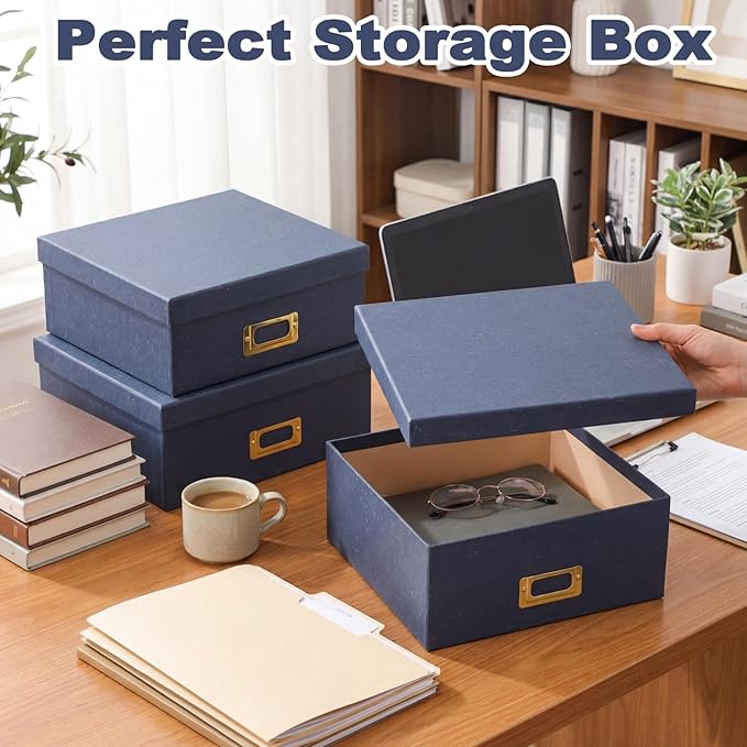 Eaasty Set of 4 Decorative Storage Boxes with Lids, Kraft Paper Boxes with Gold Label Holders, Decorative Photo Memory Keepsakes Storage, Cardboard Organizers for Home Decor, Office Organizing(Blue)