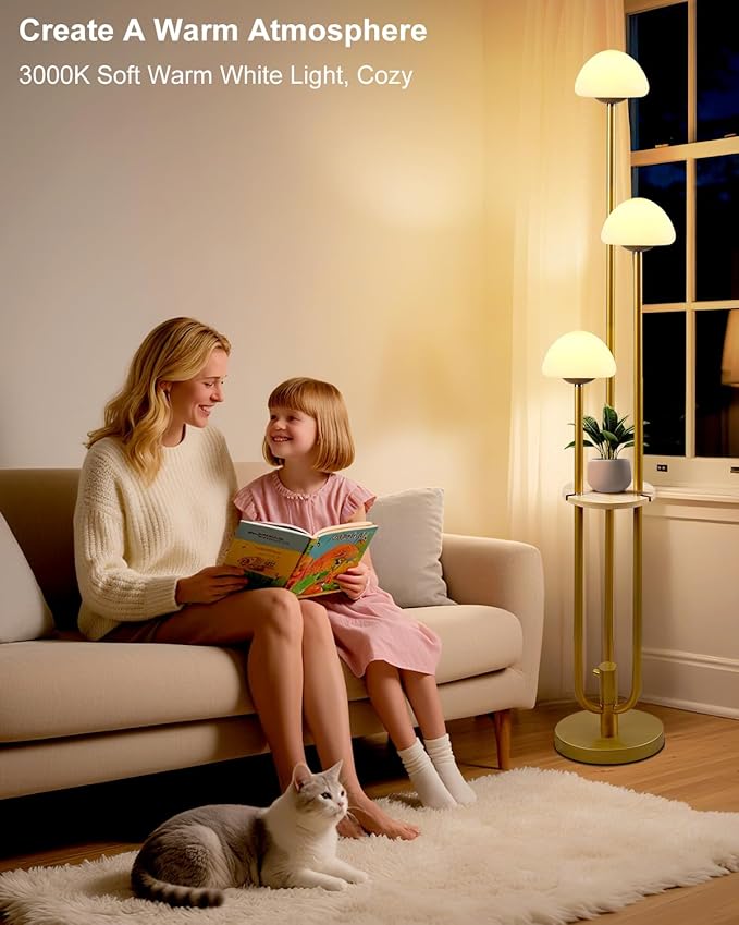 Lightdot Gold Dimmable Floor Lamp with Table, Modern Floor Lamps for Living Room, 3000K Soft Lights Tall Standing Lamp with Mushroom Shades & Bulbs for Bedroom/Office