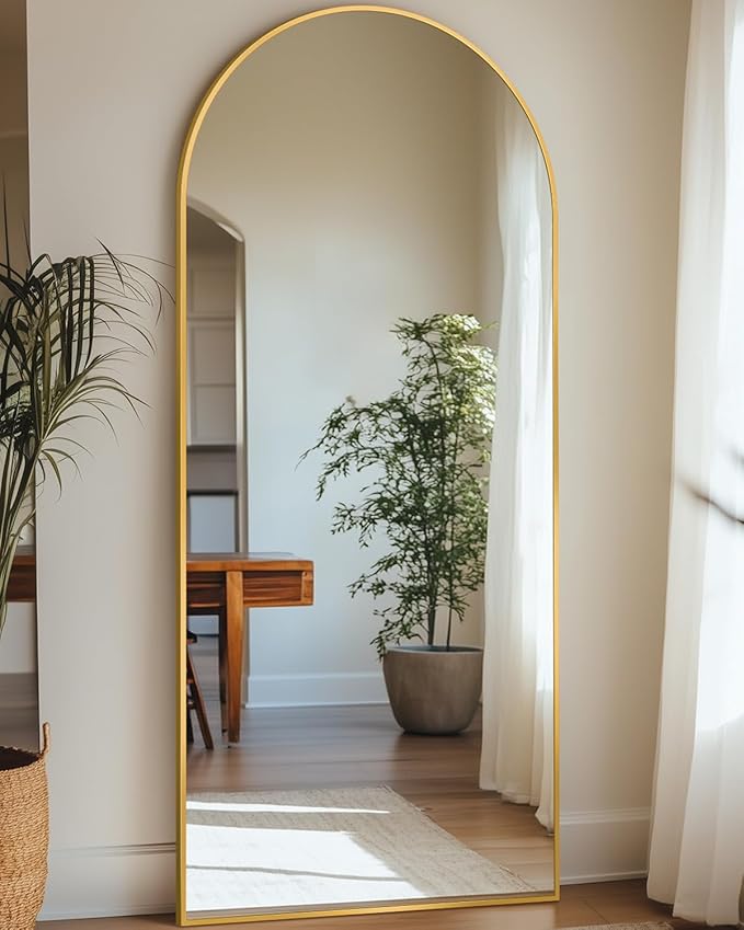 Antok Full Length Mirror, 64"x21" Floor Mirror, Arched Floor Standing Freestanding Arch Full Body Mirrors with Stand for Bedroom, Hanging Mounted for Living Room Cloakroom,Gold