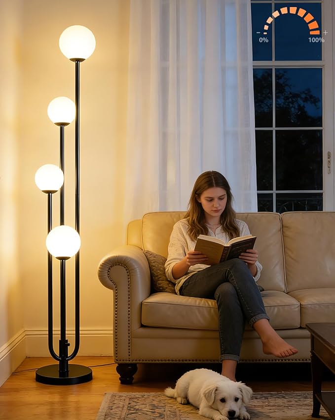 ACOHOOK 63IN 4-Light Dimmable Floor Lamp, Unique Black Tall Standing Lamps with Globe Shade &3000K G9 Bulbs for Reading, Mid Century Modern Floor Lamp for Living Room Bedroom Office