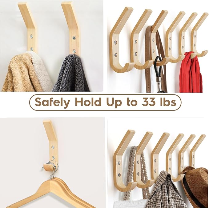 Wooden Coat Hooks Wall Hooks,Rustic Natural Oak Wood Wall Hooks for Hanging Decorative Vintage Organizer Heavy Duty Entryway Wall Mounted Hangers Hooks for Hat Rack,Coats,Towels, Key,Bags(6 Pack)