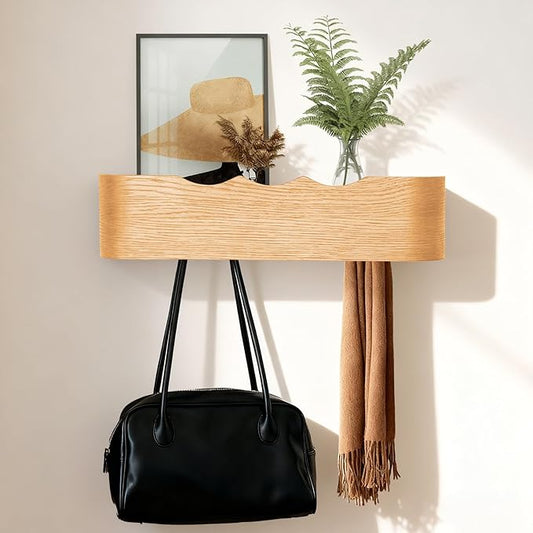 Wall Coat Rack Floating Shelves Modern Coat Rack Wall Mount with Storage Entryway Shelf Wooden Hanger 20 Inch 4 Hidden Metal Hooks for Living Room Bedroom (Wavy Oak, 4 Hooks)